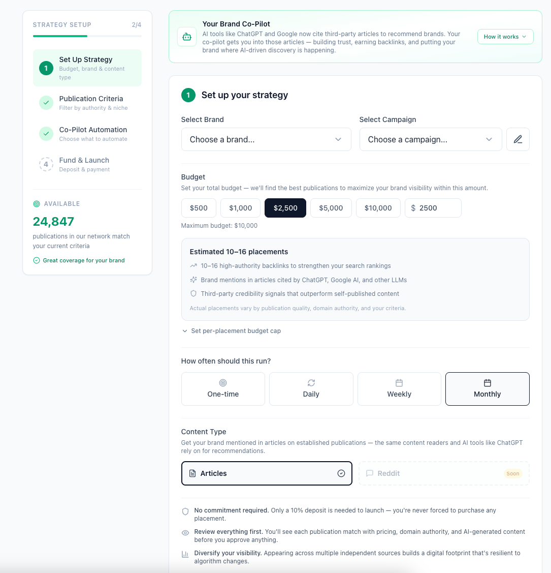 Strategy setup — brand, budget, frequency, content type