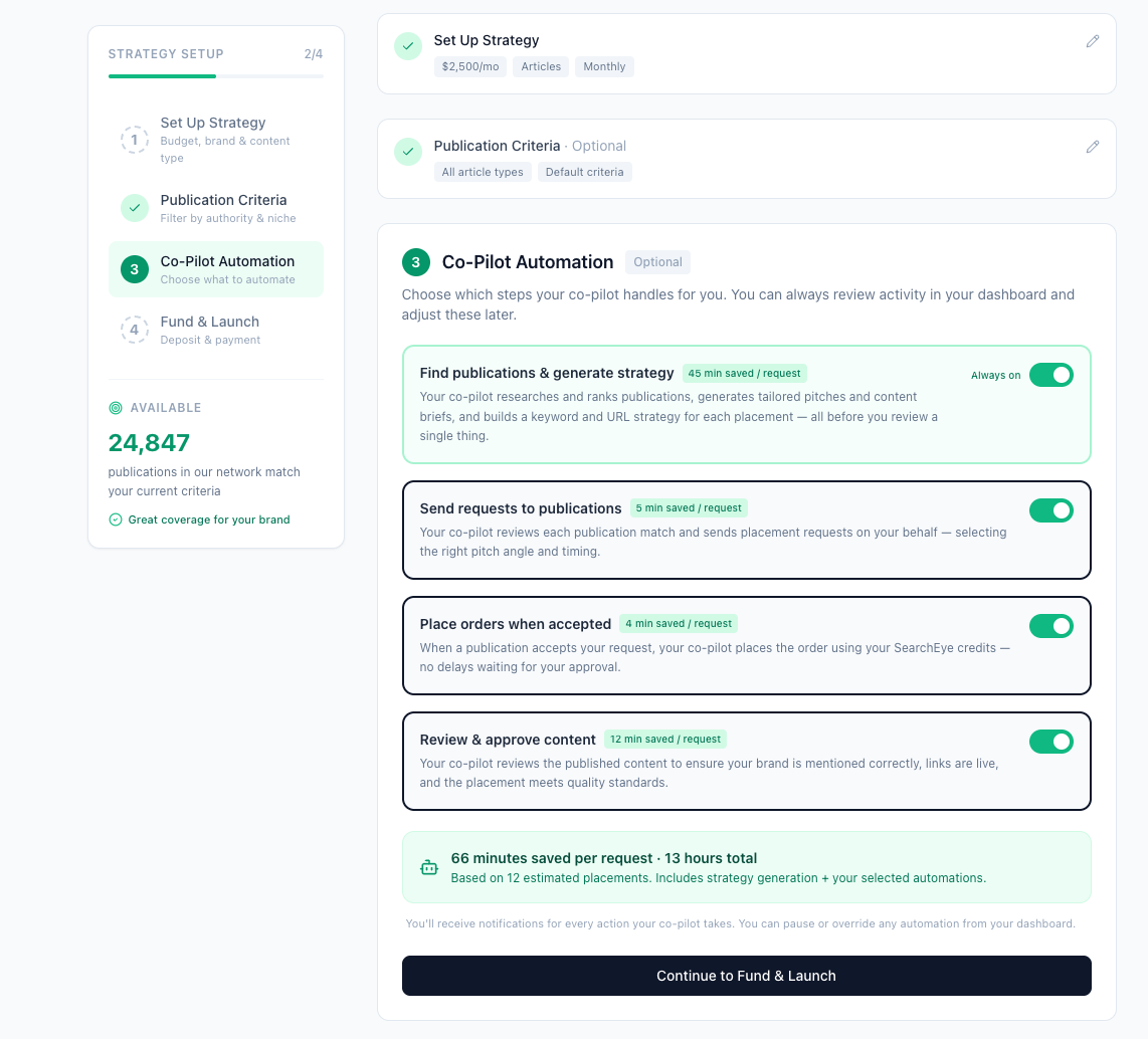 Automation toggles with time-saved badges