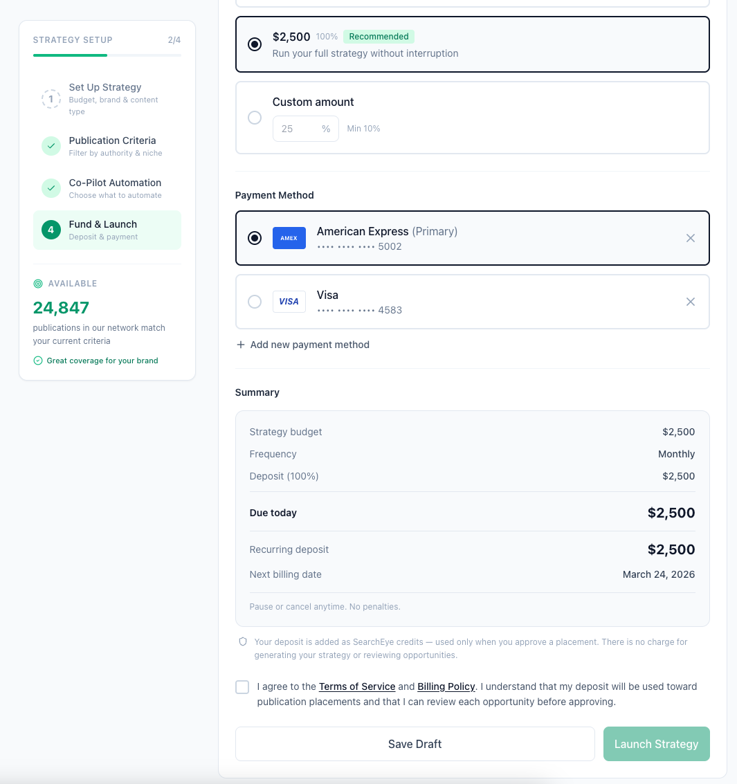 Payment method, budget summary, Launch Strategy button