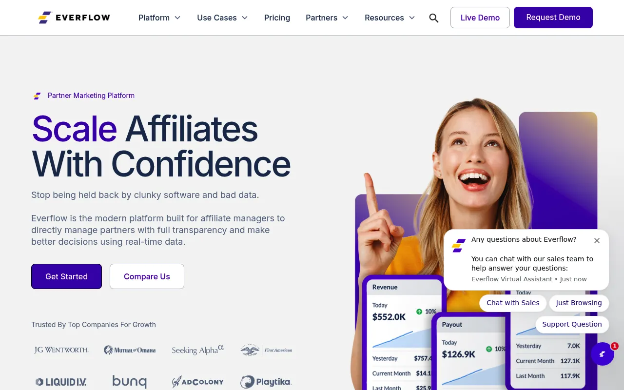 Everflow dashboard showing performance marketing data and graphs